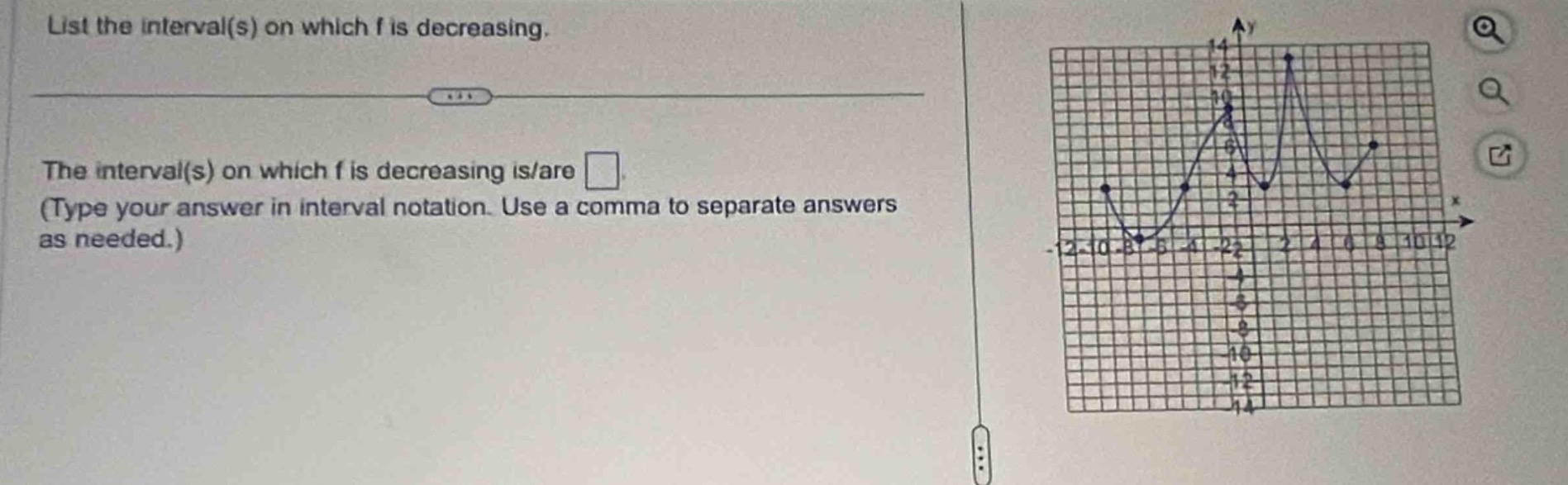 list the interval(s) on which f is decreasing.\nthe interval(s) on which f is decreasing is/are \n(type your answer in interval notation. use a comma to separate answers as needed.)