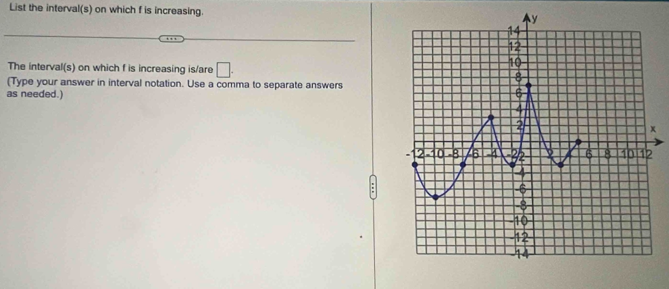 list the interval(s) on which f is increasing.\nthe interval(s) on which f is increasing is/are .\n(type your answer in interval notation. use a comma to separate answers as needed.)