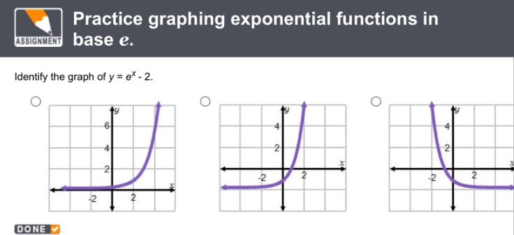practice graphing exponential functions in base e. identify the graph of y = e^x - 2.