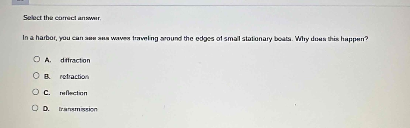 select the correct answer.\nin a harbor, you can see sea waves traveling around the edges of small stationary boats. why does this happen?\na. diffraction\nb. refraction\nc. reflection\nd. transmission