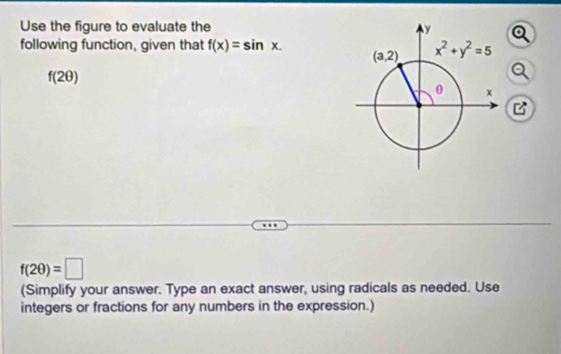 use the figure to evaluate the following function, given that f(x)=sin x. f(2θ) f(2θ)= (simplify your answer. type an exact answer, using radicals as needed. use integers or fractions for any numbers in the expression.)