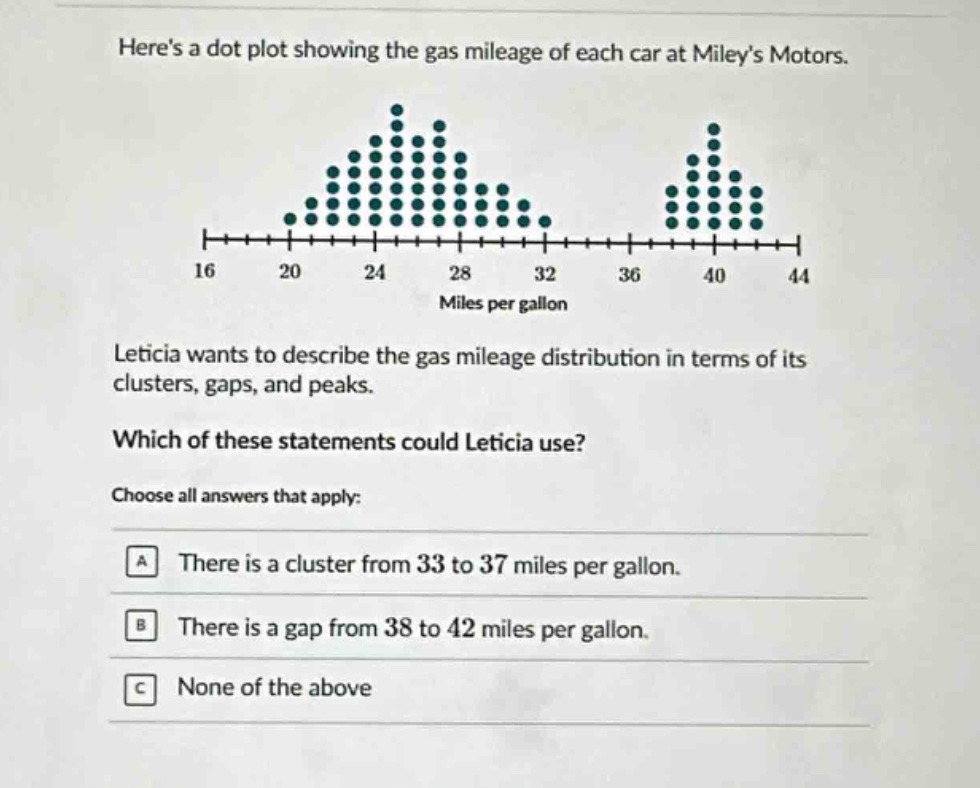 heres a dot plot showing the gas mileage of each car at mileys motors. leticia wants to describe the gas mileage distribution in terms of its clusters, gaps, and peaks. which of these statements could leticia use? choose all answers that apply: a there is a cluster from 33 to 37 miles per gallon. b there is a gap from 38 to 42 miles per gallon. c none of the above