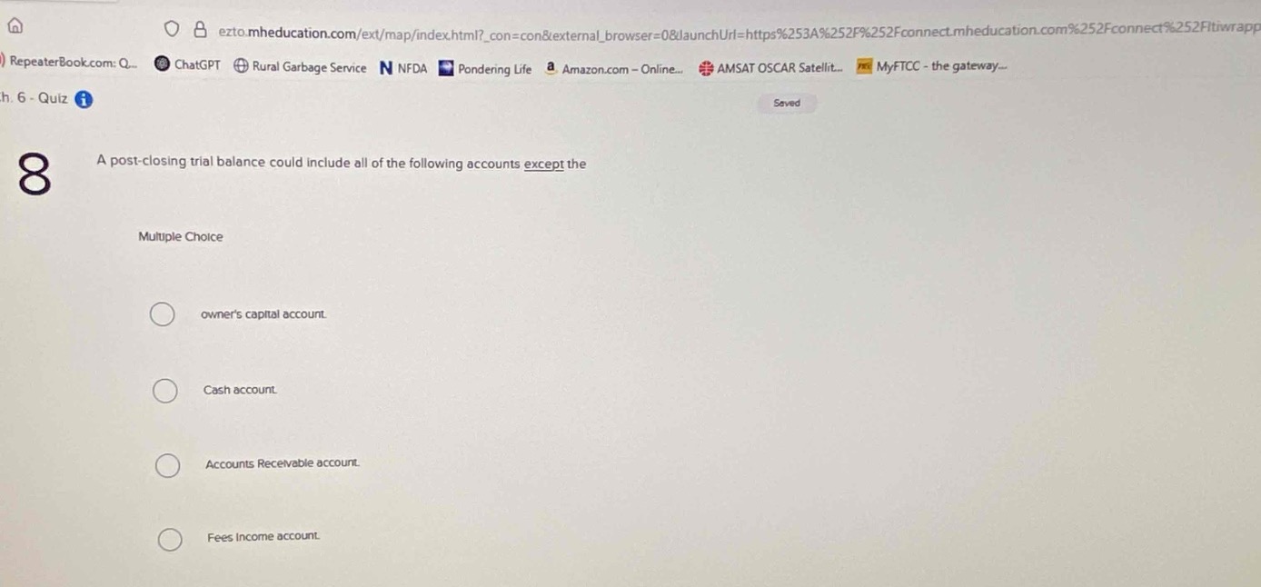 a post - closing trial balance could include all of the following accounts except the\nmultiple choice\nowners capital account.\ncash account.\naccounts receivable account.\nfees income account.