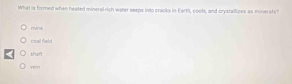 what is formed when heated mineral - rich water seeps into cracks in earth, cools, and crystallizes as minerals?\n mine\n coal field\n shaft\n vein