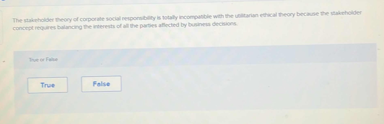 the stakeholder theory of corporate social responsibility is totally incompatible with the utilitarian ethical theory because the stakeholder concept requires balancing the interests of all the parties affected by business decisions. true or false