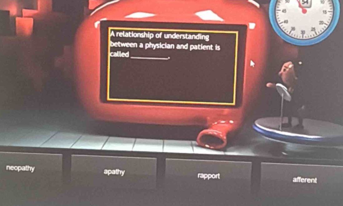 a relationship of understanding between a physician and patient is called \n_____.\nneopathy\napathy\nrapport\nafferent