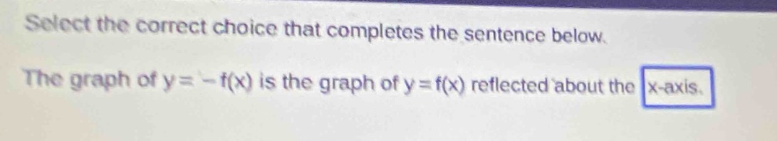 select the correct choice that completes the sentence below. the graph of y = -f(x) is the graph of y = f(x) reflected about the x - axis.