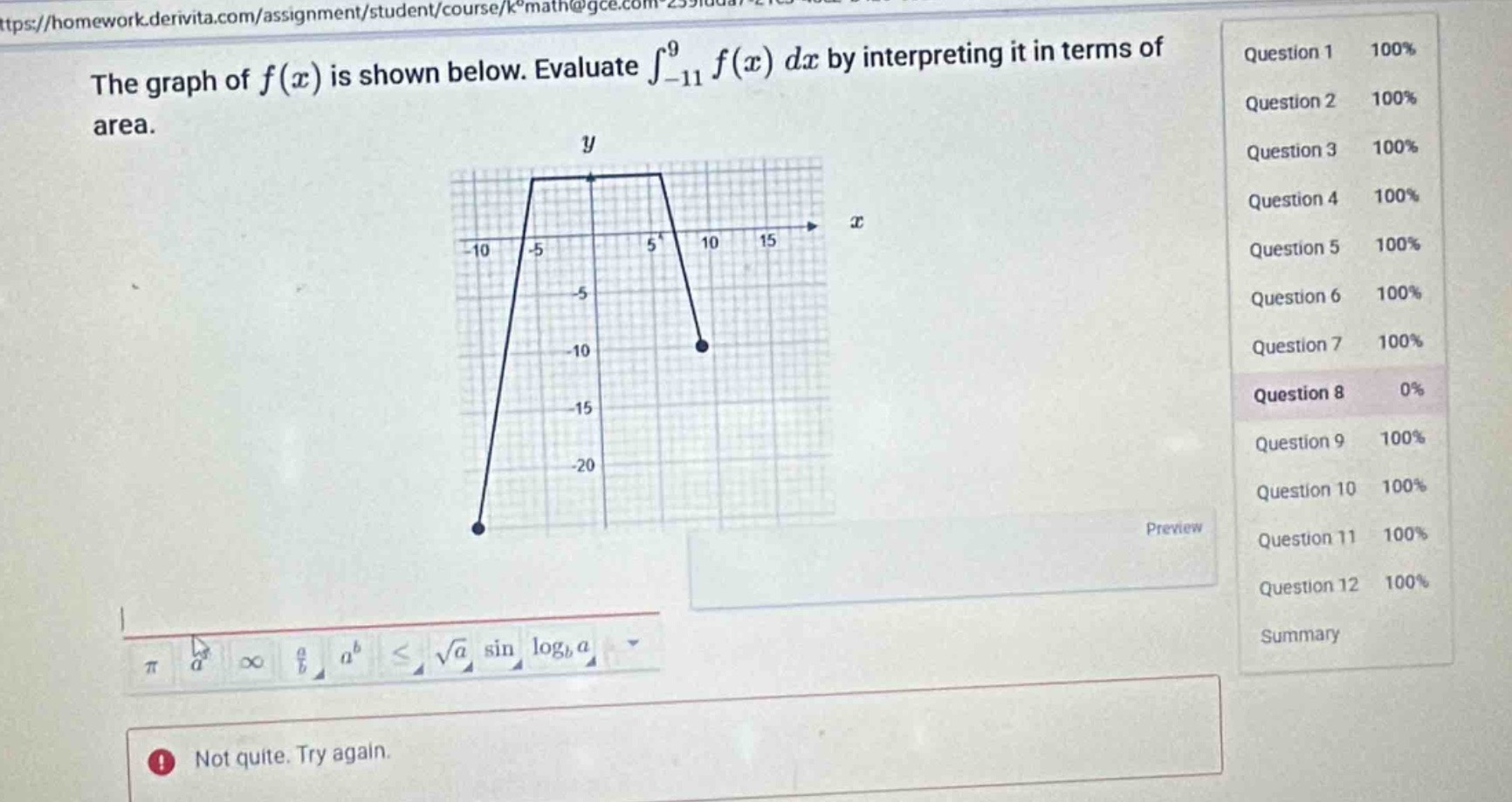 the graph of $f(x)$ is shown below. evaluate $int_{-11}^{9} f(x) dx$ by interpreting it in terms of area.