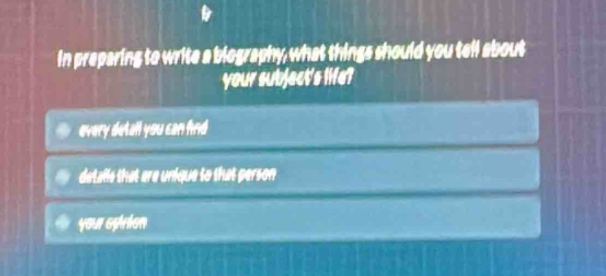 in preparing to write a biography, what things should you tell about your subjects life?\nevery detail you can find\ndetails that are unique to that person\nyour opinion
