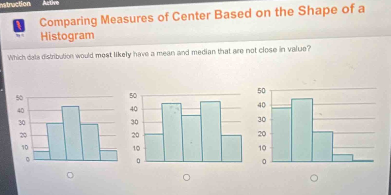 comparing measures of center based on the shape of a histogram\nwhich data distribution would most likely have a mean and median that are not close in value?
