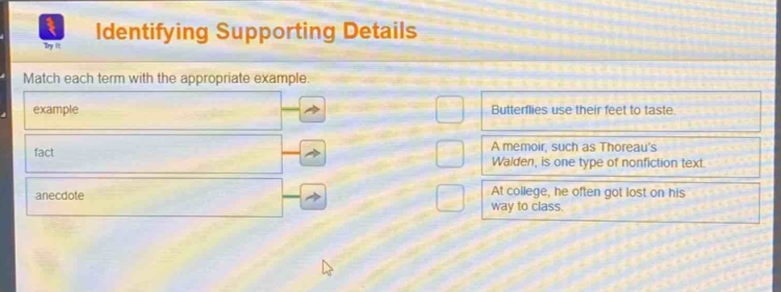 identifying supporting details\nmatch each term with the appropriate example.\nexample\nfact\nanecdote\nbutterflies use their feet to taste.\na memoir, such as thoreau’s walden, is one type of nonfiction text.\nat college, he often got lost on his way to class.