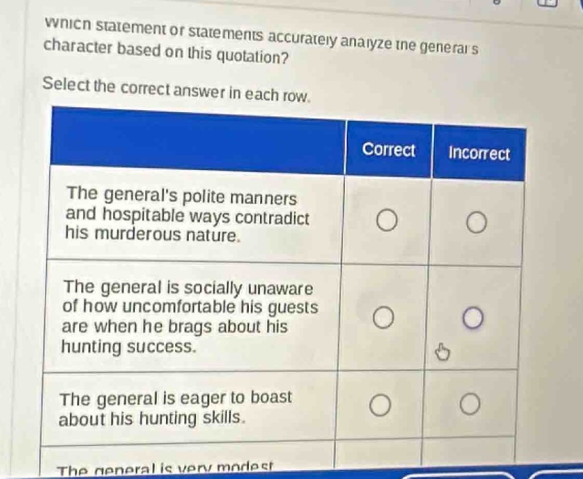 wnicn statement or statements accurately analyze the generals character based on this quotation? select the correct answer in each row. the generals polite manners and hospitable ways contradict his murderous nature. the general is socially unaware of how uncomfortable his guests are when he brags about his hunting success. the general is eager to boast about his hunting skills. the general is very modest
