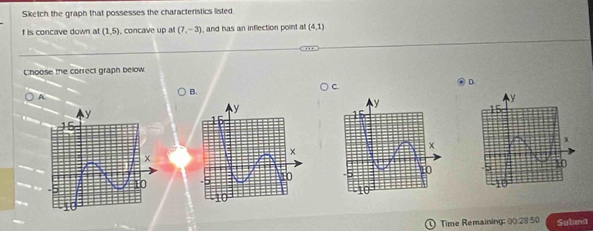 sketch the graph that possesses the characteristics listed. f is concave down at (1,5), concave up at (7, - 3), and has an inflection point at (4,1). choose the correct graph below.
