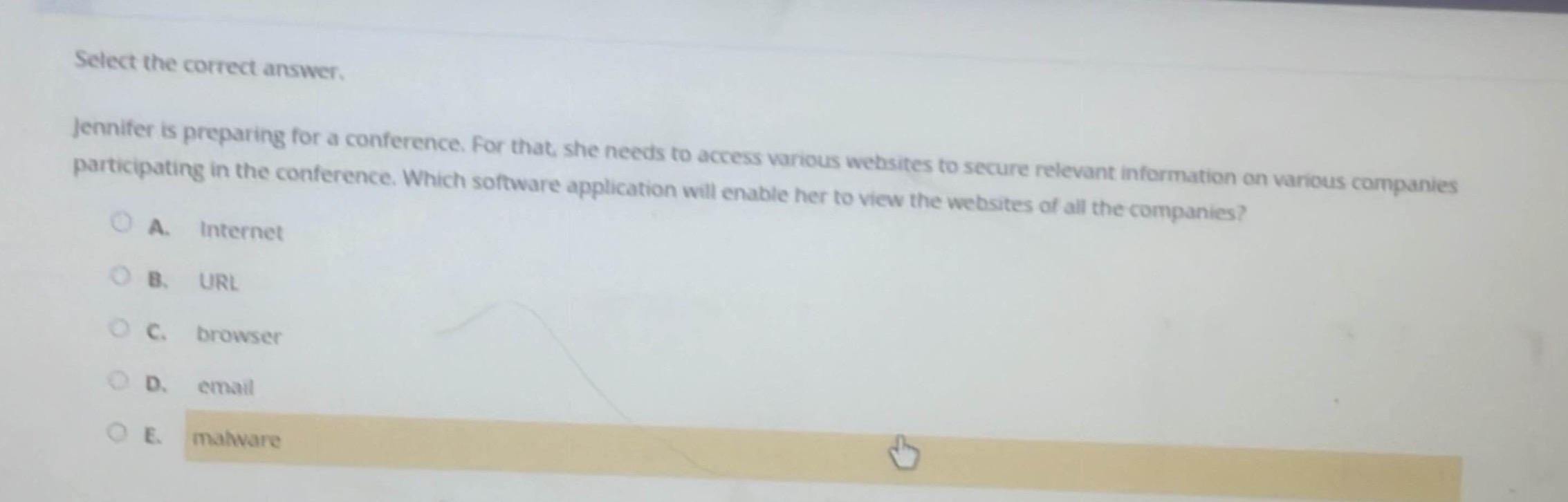 select the correct answer.\njennifer is preparing for a conference. for that, she needs to access various websites to secure relevant information on various companies participating in the conference. which software application will enable her to view the websites of all the companies?\na. internet\nb. url\nc. browser\nd. email\ne. malware