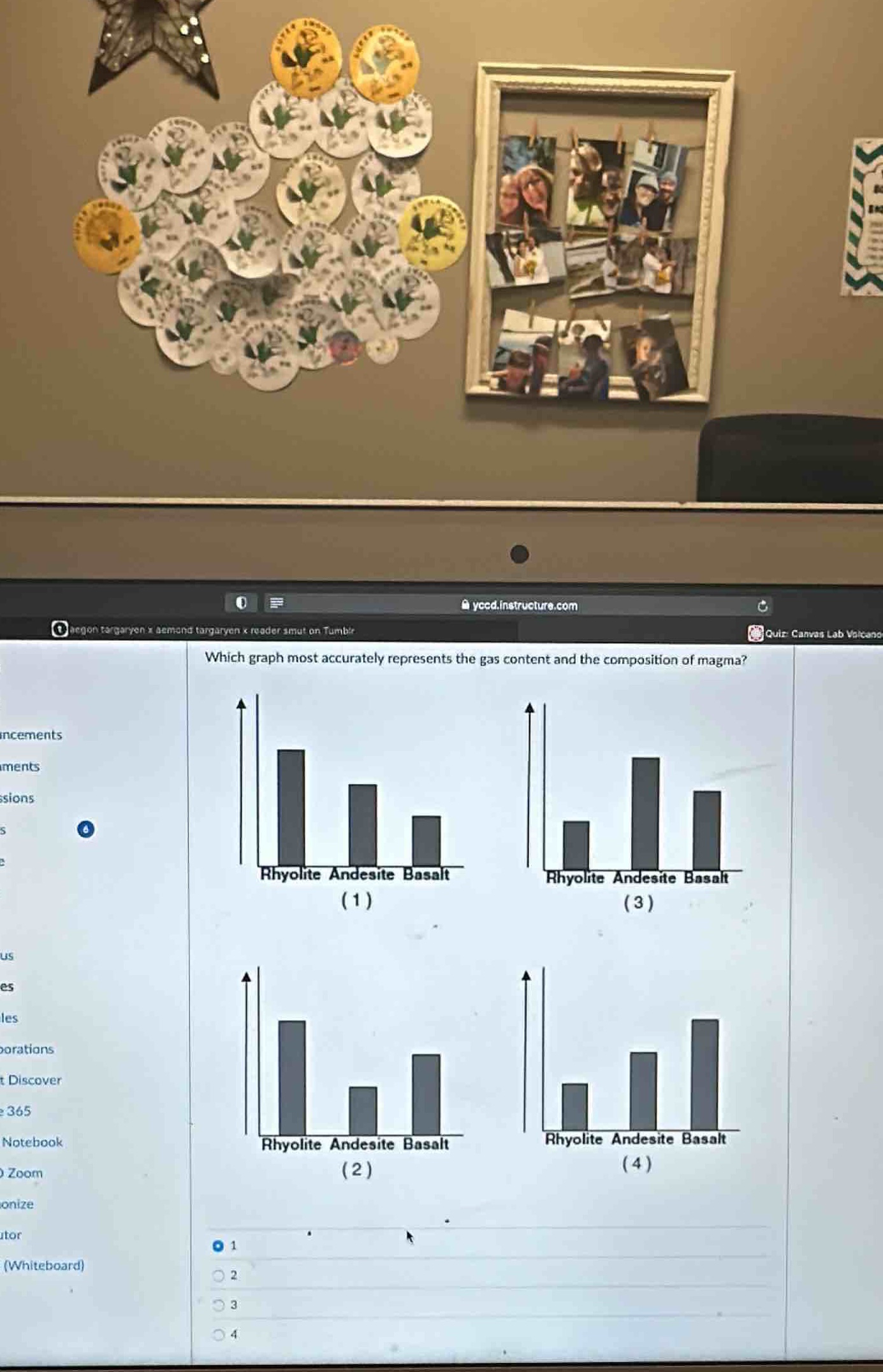 which graph most accurately represents the gas content and the composition of magma? rhyolite andesite basalt (1) rhyolite andesite basalt (3) rhyolite andesite basalt (2) rhyolite andesite basalt (4) 1 2 3 4