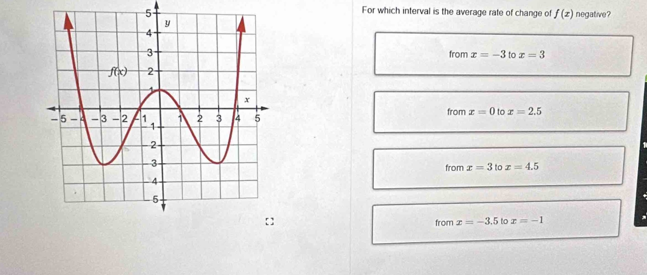 for which interval is the average rate of change of f(x) negative? from x = -3 to x = 3 from x = 0 to x = 2.5 from x = 3 to x = 4.5 from x = -3.5 to x = -1