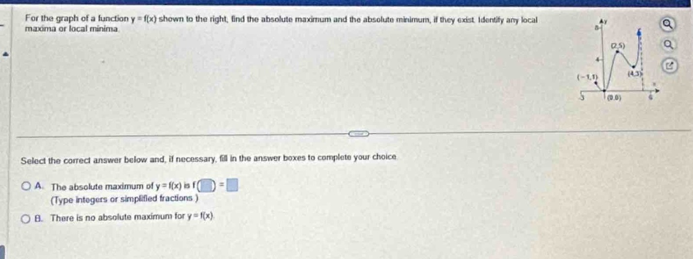 for the graph of a function y = f(x) shown to the right, find the absolute maximum and the absolute minimum, if they exist. identify any local maxima or local minima. select the correct answer below and, if necessary, fill in the answer boxes to complete your choice. a. the absolute maximum of y = f(x) is f( ) = (type integers or simplified fractions.) b. there is no absolute maximum for y = f(x)