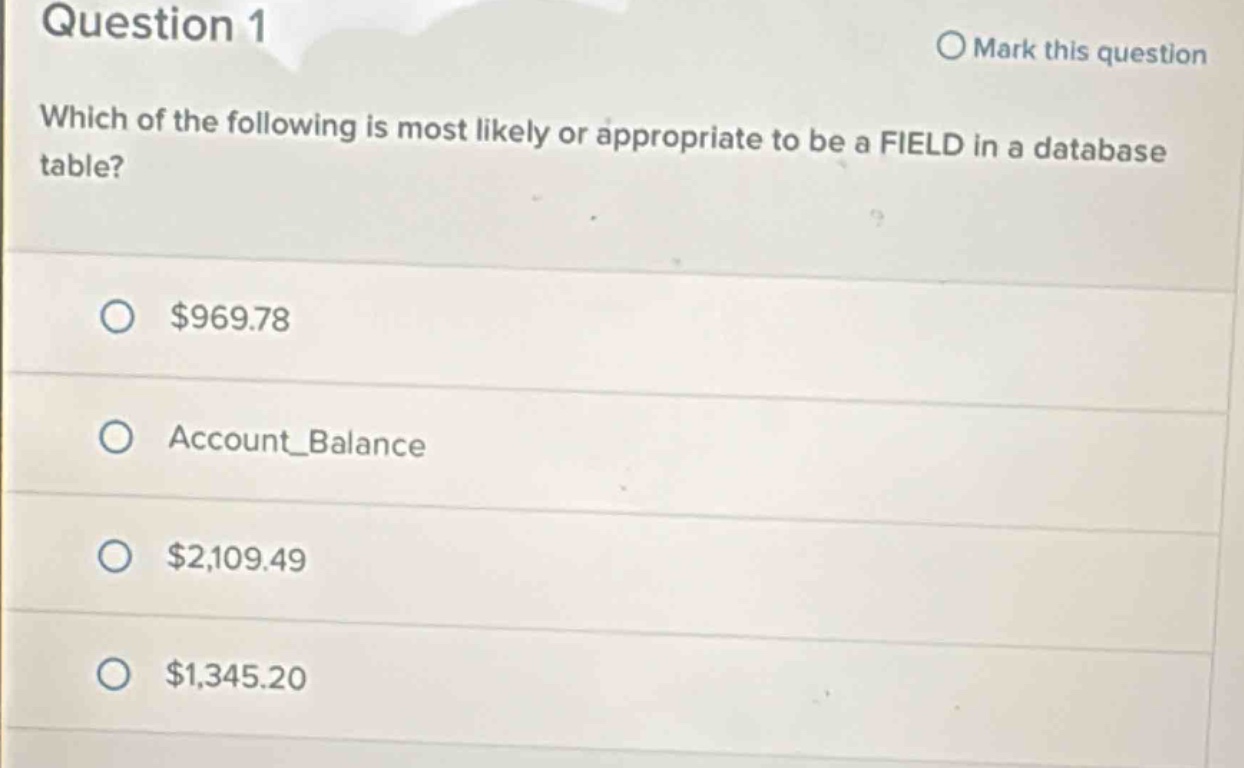 question 1\nmark this question\nwhich of the following is most likely or appropriate to be a field in a database table?\n$969.78\naccount_balance\n$2,109.49\n$1,345.20