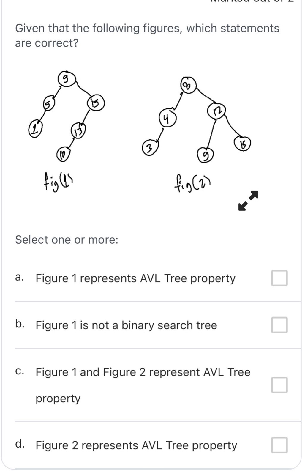 given that the following figures, which statements are correct? select one or more: a. figure 1 represents avl tree property b. figure 1 is not a binary search tree c. figure 1 and figure 2 represent avl tree property d. figure 2 represents avl tree property
