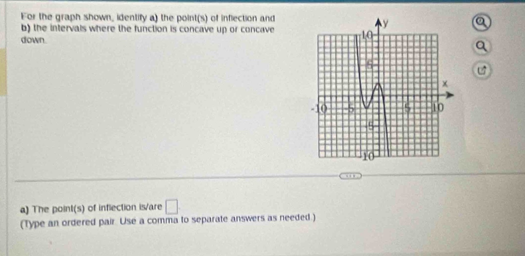 for the graph shown, identify a) the point(s) of inflection and b) the intervals where the function is concave up or concave down.\na) the point(s) of inflection is/are (type an ordered pair. use a comma to separate answers as needed.)