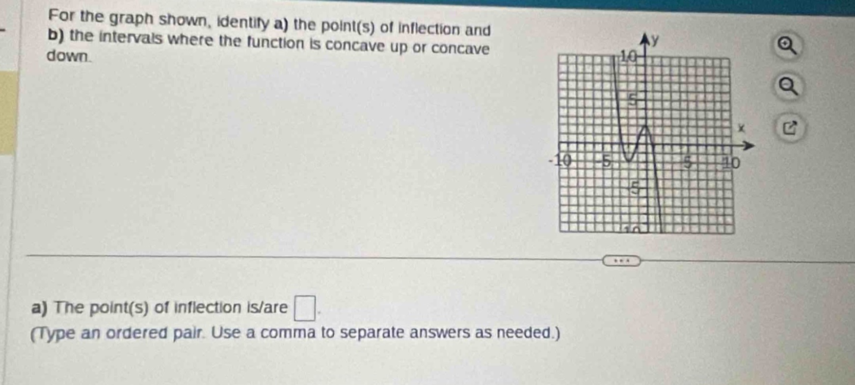 for the graph shown, identify a) the point(s) of inflection and b) the intervals where the function is concave up or concave down.\na) the point(s) of inflection is/are . (type an ordered pair. use a comma to separate answers as needed.)