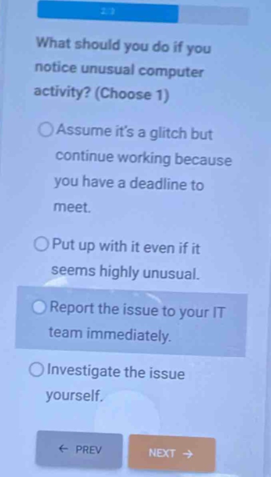 what should you do if you notice unusual computer activity? (choose 1)\nassume its a glitch but continue working because you have a deadline to meet.\nput up with it even if it seems highly unusual.\nreport the issue to your it team immediately.\ninvestigate the issue yourself.