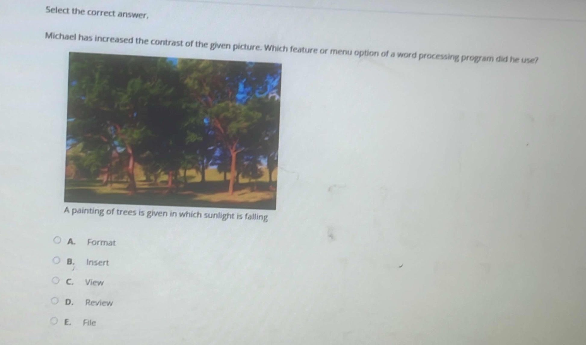 select the correct answer. michael has increased the contrast of the given picture. which feature or menu option of a word processing program did he use? a painting of trees is given in which sunlight is falling a. format b. insert c. view d. review e. file