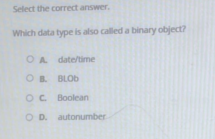 select the correct answer. which data type is also called a binary object? a. date/time b. blob c. boolean d. autonumber