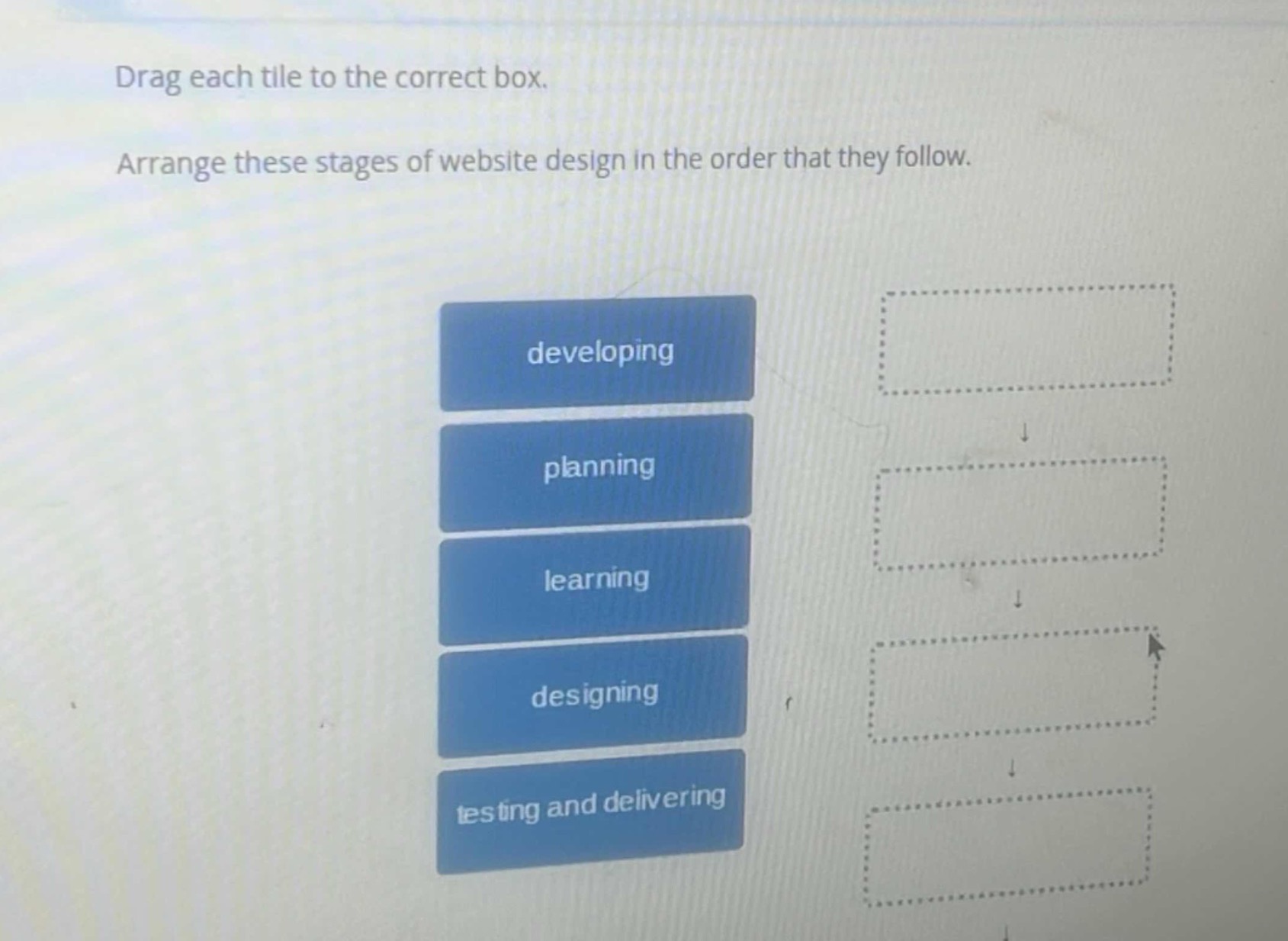 drag each tile to the correct box. arrange these stages of website design in the order that they follow. developing planning learning designing testing and delivering