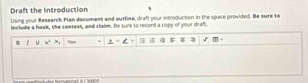 draft the introduction\nusing your research plan document and outline, draft your introduction in the space provided. be sure to include a hook, the context, and claim. be sure to record a copy of your draft.