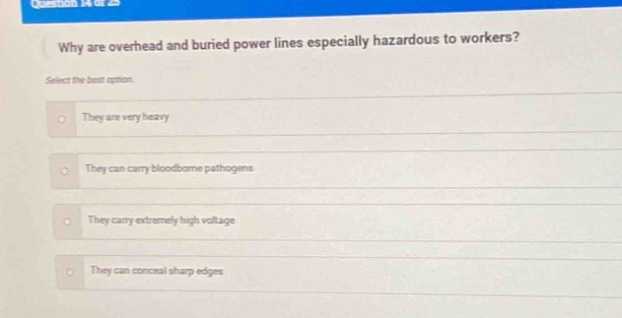 why are overhead and buried power lines especially hazardous to workers? select the best option. they are very heavy they can carry bloodborne pathogens they carry extremely high voltage they can conceal sharp edges