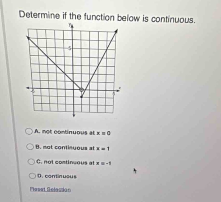 determine if the function below is continuous.\na. not continuous at x = 0\nb. not continuous at x = 1\nc. not continuous at x = -1\nd. continuous\nreset selection