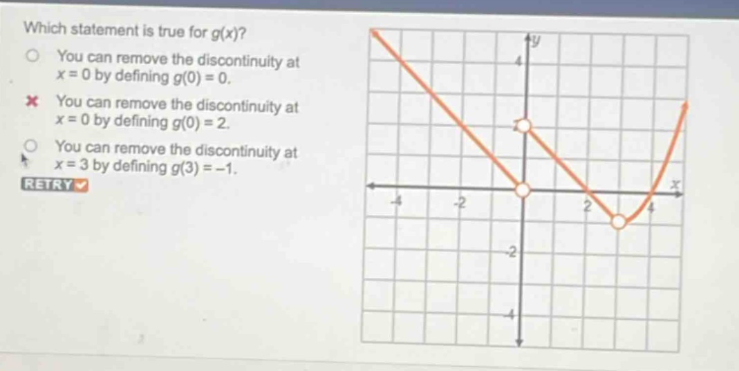 which statement is true for g(x)?\nyou can remove the discontinuity at x = 0 by defining g(0)=0.\nyou can remove the discontinuity at x = 0 by defining g(0)=2.\nyou can remove the discontinuity at x = 3 by defining g(3)= - 1.