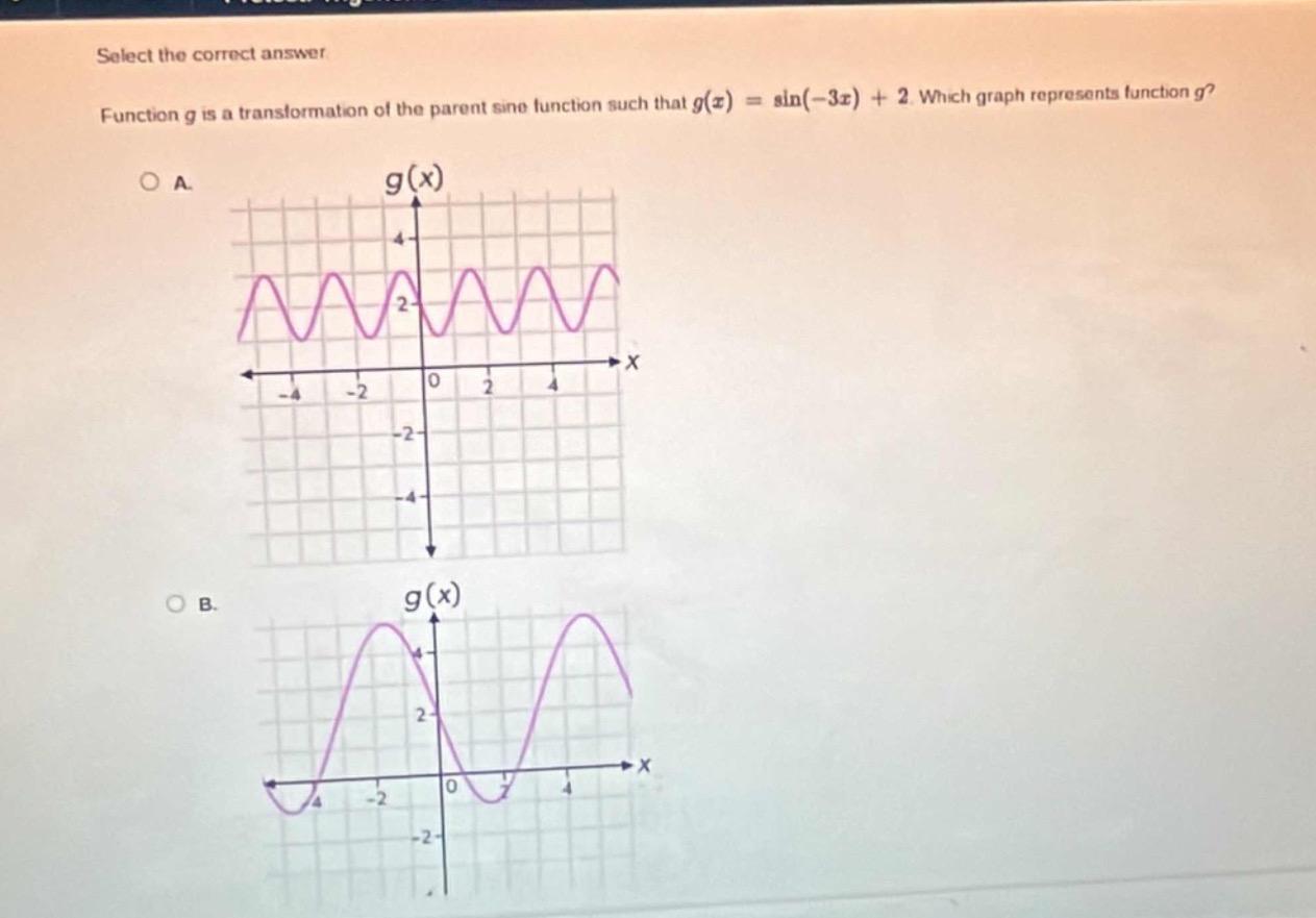 select the correct answer. function g is a transformation of the parent sine function such that g(x) = sin(-3x) + 2. which graph represents function g?