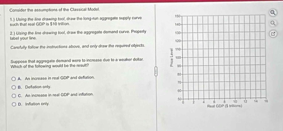 consider the assumptions of the classical model.\n1.) using the line drawing tool, draw the long - run aggregate supply curve such that real gdp is $10 trillion.\n2.) using the line drawing tool, draw the aggregate demand curve. properly label your line.\ncarefully follow the instructions above, and only draw the required objects.\nsuppose that aggregate demand were to increase due to a weaker dollar. which of the following would be the result?\na. an increase in real gdp and deflation.\nb. deflation only.\nc. an increase in real gdp and inflation.\nd. inflation only.