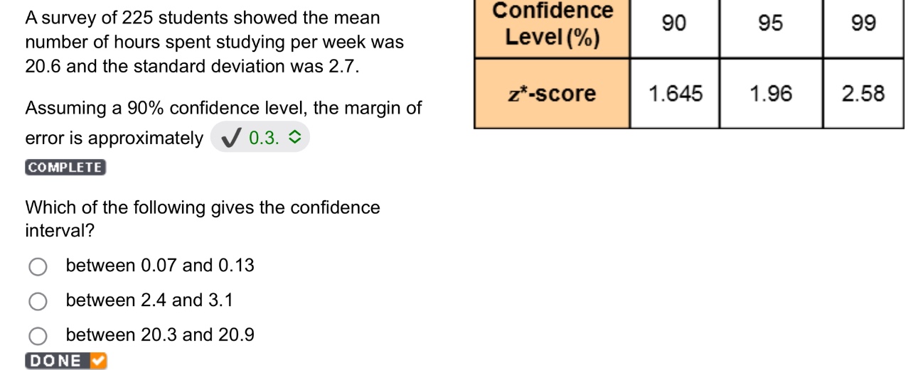 a survey of 225 students showed the mean number of hours spent studying per week was 20.6 and the standard deviation was 2.7. assuming a 90% confidence level, the margin of error is approximately 0.3. which of the following gives the confidence interval? between 0.07 and 0.13 between 2.4 and 3.1 between 20.3 and 20.9