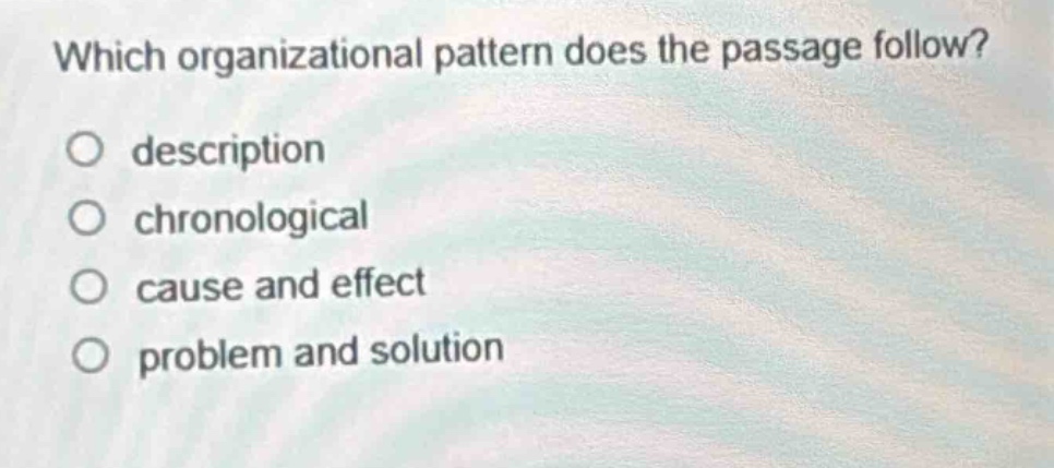 which organizational pattern does the passage follow?\ndescription\nchronological\ncause and effect\nproblem and solution