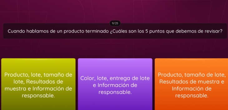 cuando hablamos de un producto terminado ¿cuáles son los 5 puntos que debemos de revisar?\nproducto, lote, tamaño de lote, resultados de muestra e información de responsable.\ncolor, lote, entrega de lote e información de responsable.\nproducto, tamaño de lote, resultados de muestra e información de responsable.