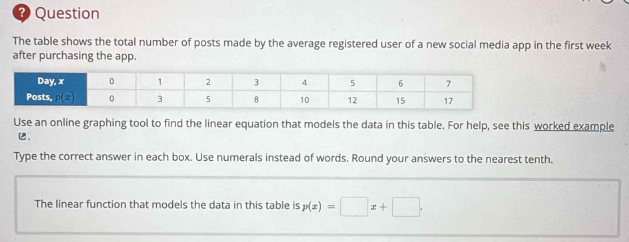 question\nthe table shows the total number of posts made by the average registered user of a new social media app in the first week after purchasing the app.\n| day, x | 0 | 1 | 2 | 3 | 4 | 5 | 6 | 7 |\n| posts, p(x) | 0 | 3 | 5 | 8 | 10 | 12 | 15 | 17 |\nuse an online graphing tool to find the linear equation that models the data in this table. for help, see this worked example.\ntype the correct answer in each box. use numerals instead of words. round your answers to the nearest tenth.\nthe linear function that models the data in this table is p(x)= x +.