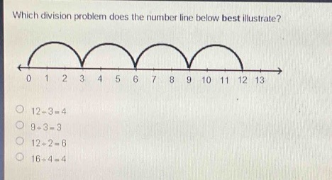 which division problem does the number line below best illustrate? 0 1 2 3 4 5 6 7 8 9 10 11 12 13 12÷3 = 4 9÷3 = 3 12÷2 = 6 16÷4 = 4
