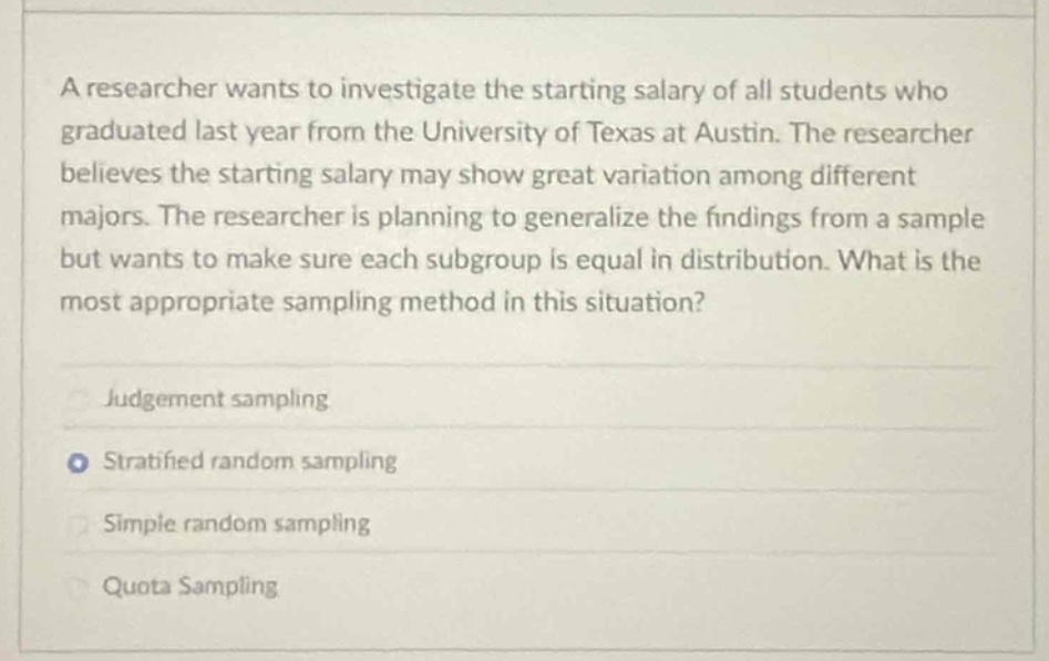 a researcher wants to investigate the starting salary of all students who graduated last year from the university of texas at austin. the researcher believes the starting salary may show great variation among different majors. the researcher is planning to generalize the findings from a sample but wants to make sure each subgroup is equal in distribution. what is the most appropriate sampling method in this situation?\njudgement sampling\nstratified random sampling\nsimple random sampling\nquota sampling