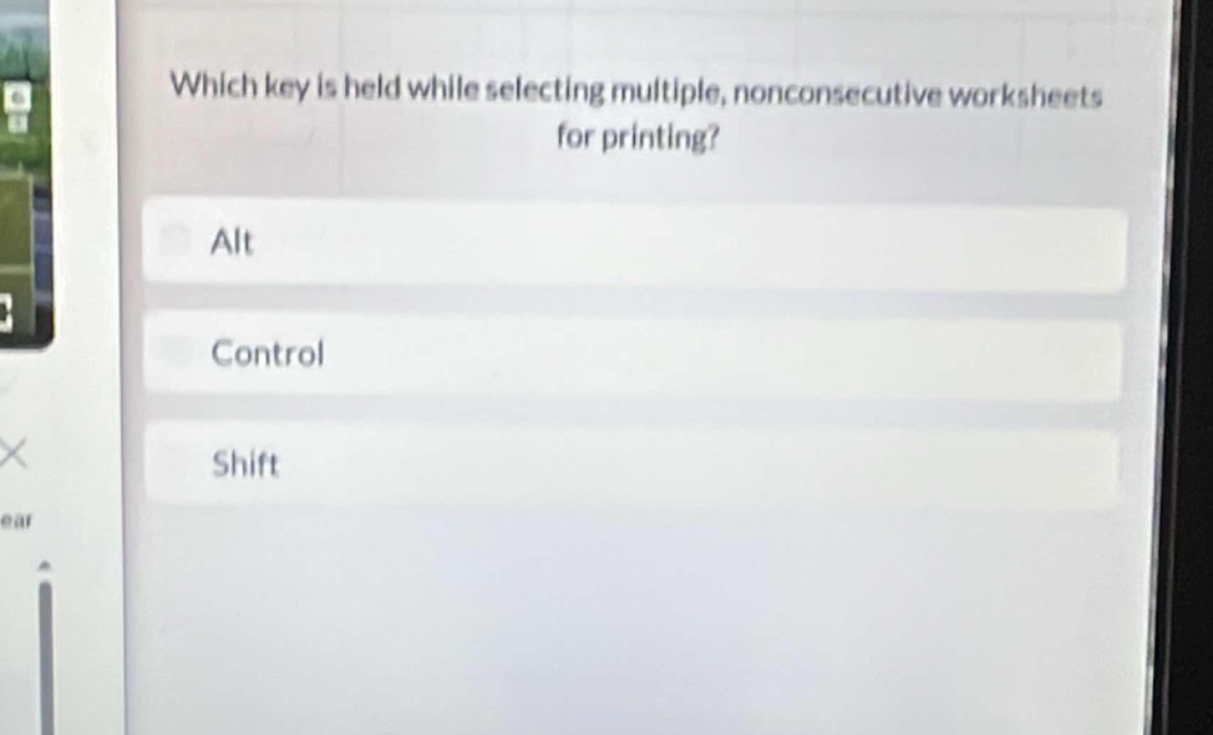 which key is held while selecting multiple, nonconsecutive worksheets for printing?\nalt\ncontrol\nshift