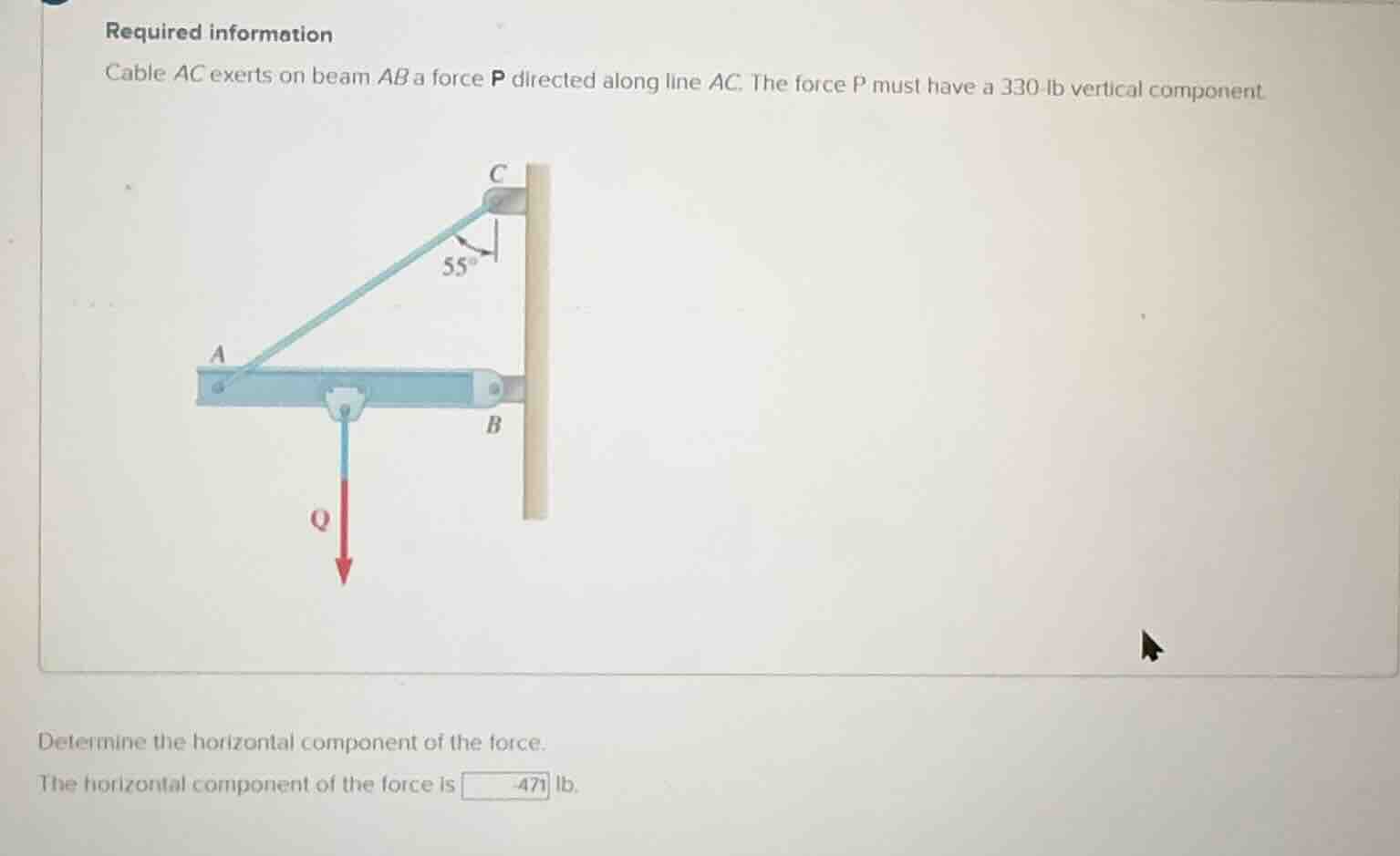 required information cable ac exerts on beam ab a force p directed alon…