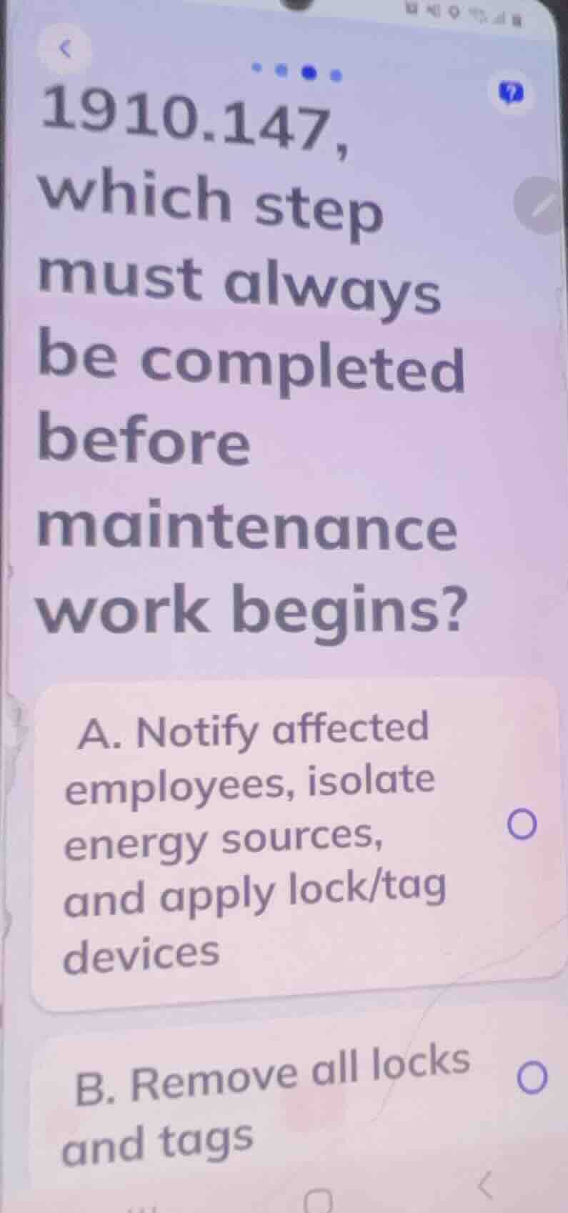 1910.147, which step must always be completed before maintenance work b…