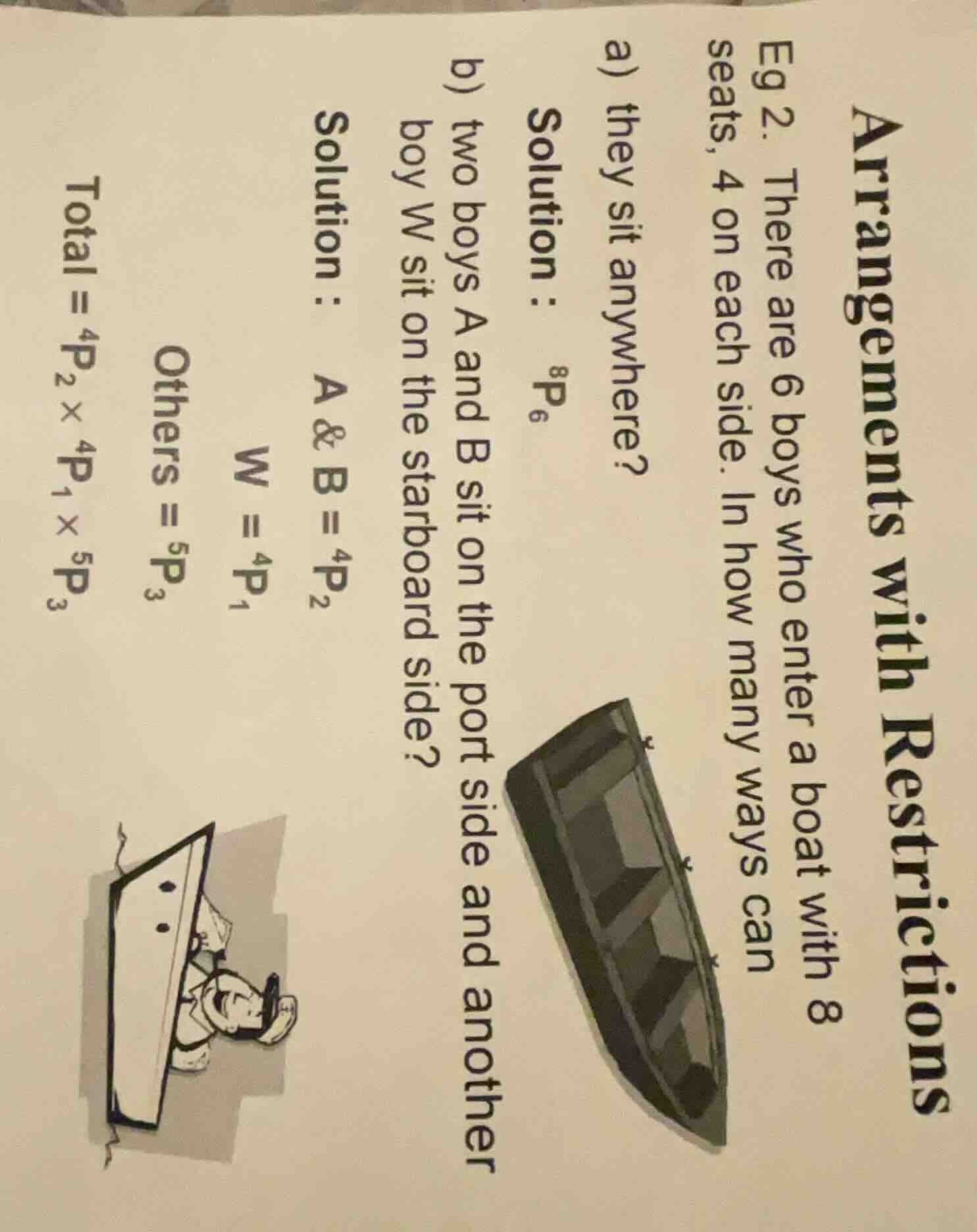 arrangements with restrictions eg 2. there are 6 boys who enter a boat …