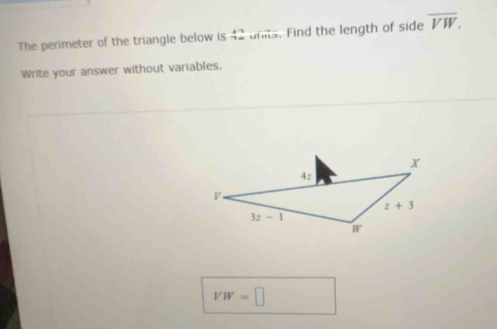 the perimeter of the triangle below is 42 units. find the length of sid…