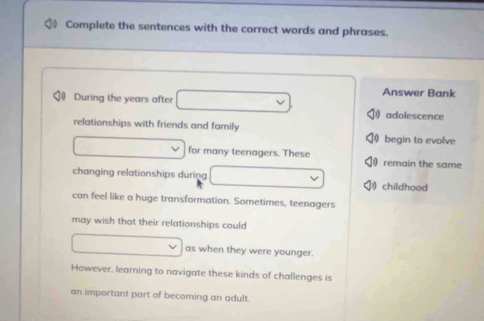 complete the sentences with the correct words and phrases. during the y…