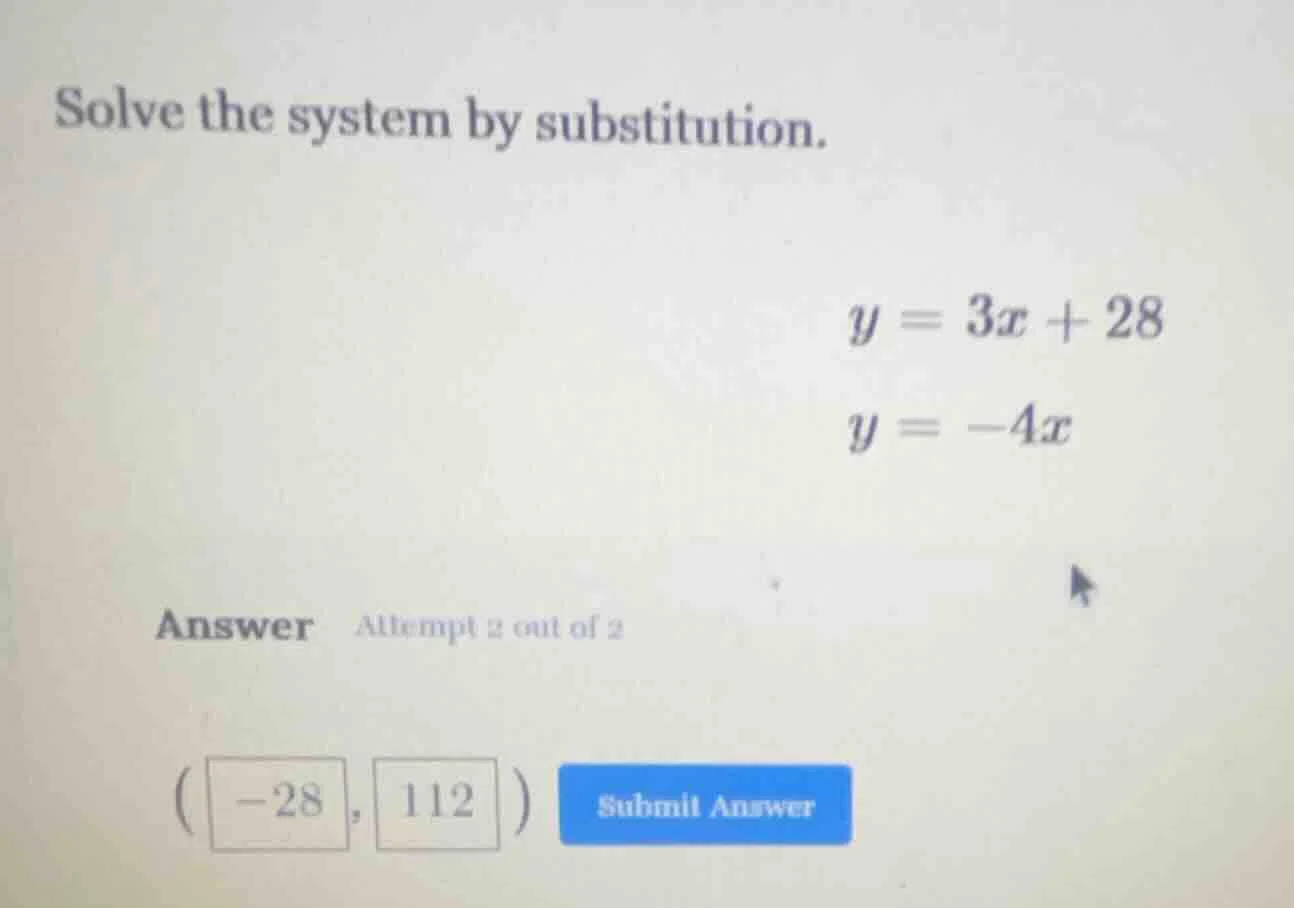 solve the system by substitution. $y = 3x + 28$ $y = -4x$ answer attemp…