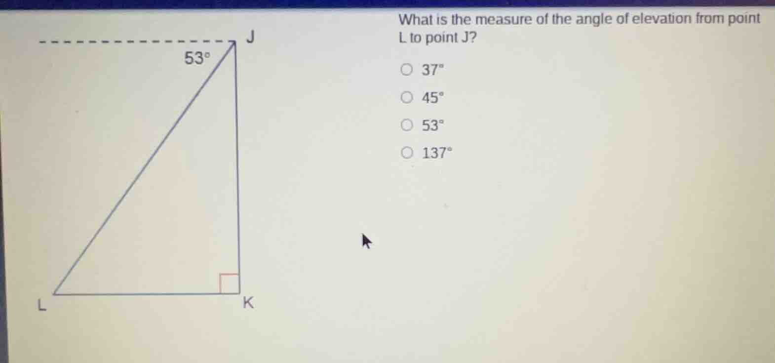 what is the measure of the angle of elevation from point l to point j? …