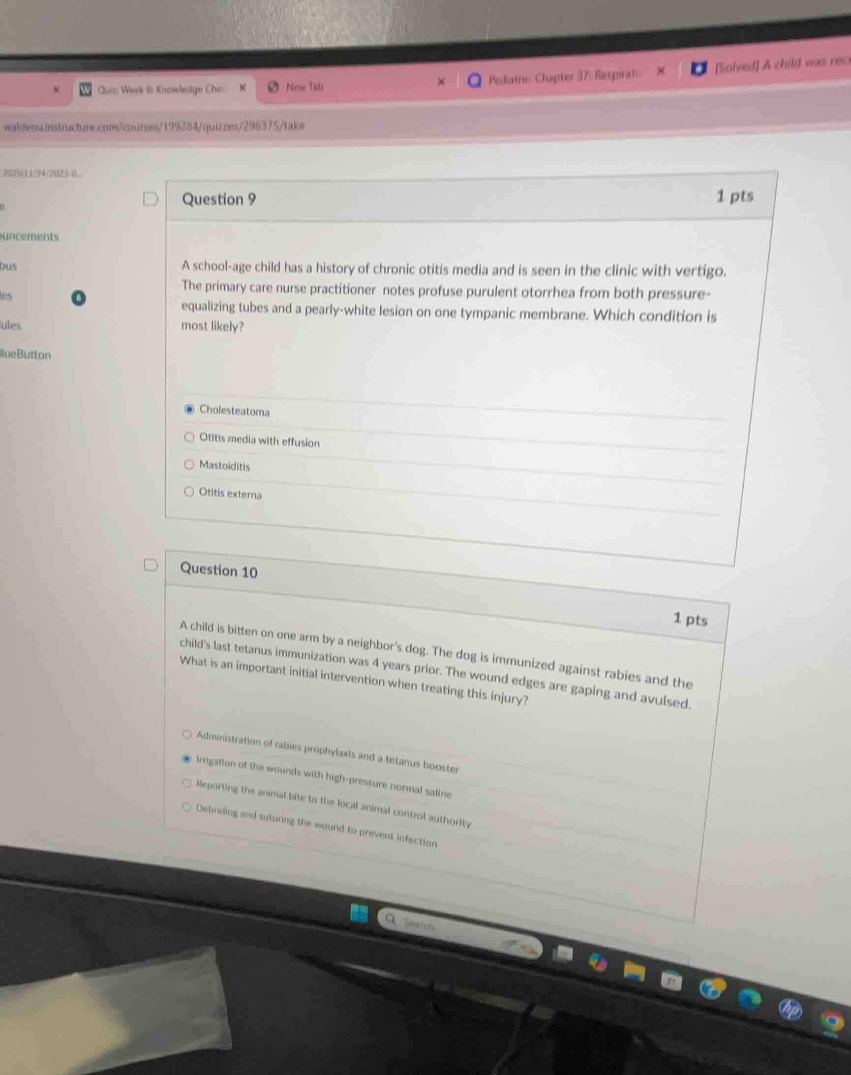 question 9 1 pts a school - age child has a history of chronic otitis m…